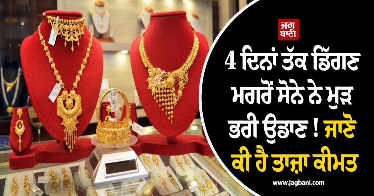 4 ਦਿਨਾਂ ਤੱਕ ਡਿੱਗਣ ਮਗਰੋਂ ਸੋਨੇ ਨੇ ਮੁੜ ਭਰੀ ਉਡਾਣ ! ਜਾਣੋ ਕੀ ਹੈ ਤਾਜ਼ਾ ਕੀਮਤ