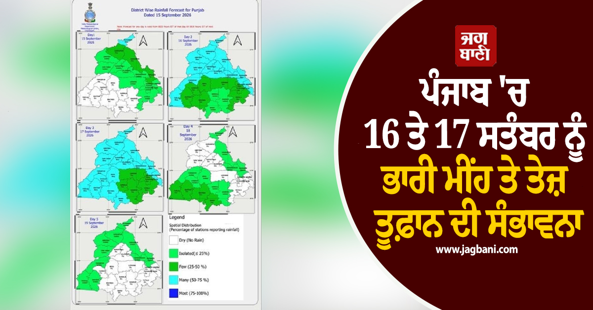 ਪੰਜਾਬ 'ਚ ਮੌਸਮ ਵਿਭਾਗ ਦੀ ਵੱਡੀ ਚੇਤਾਵਨੀ, 16 ਤੇ 17 ਸਤੰਬਰ ਨੂੰ ਭਾਰੀ ਮੀਂਹ ਤੇ ਤੇਜ਼ ਤੂਫ਼ਾਨ ਦੀ ਸੰਭਾਵਨਾ